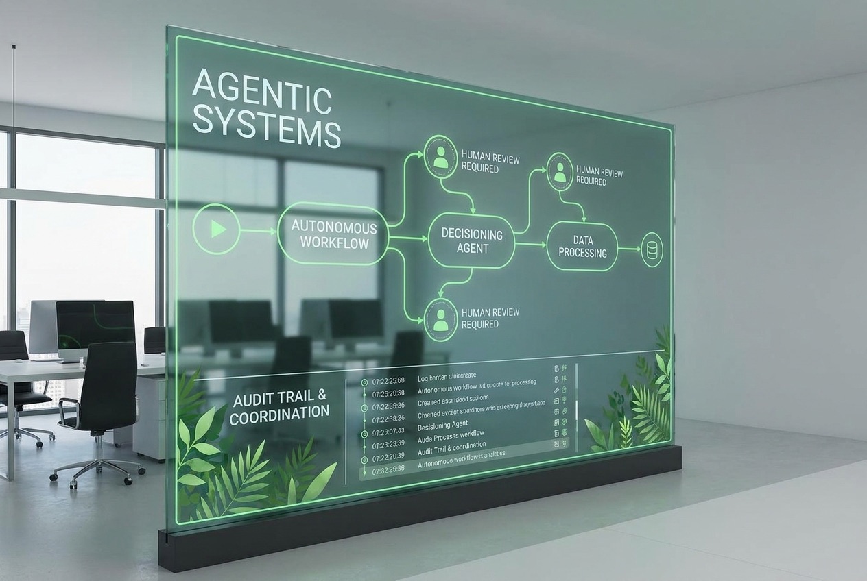A glass panel diagram of an agentic system: an autonomous workflow routed through human-review checkpoints