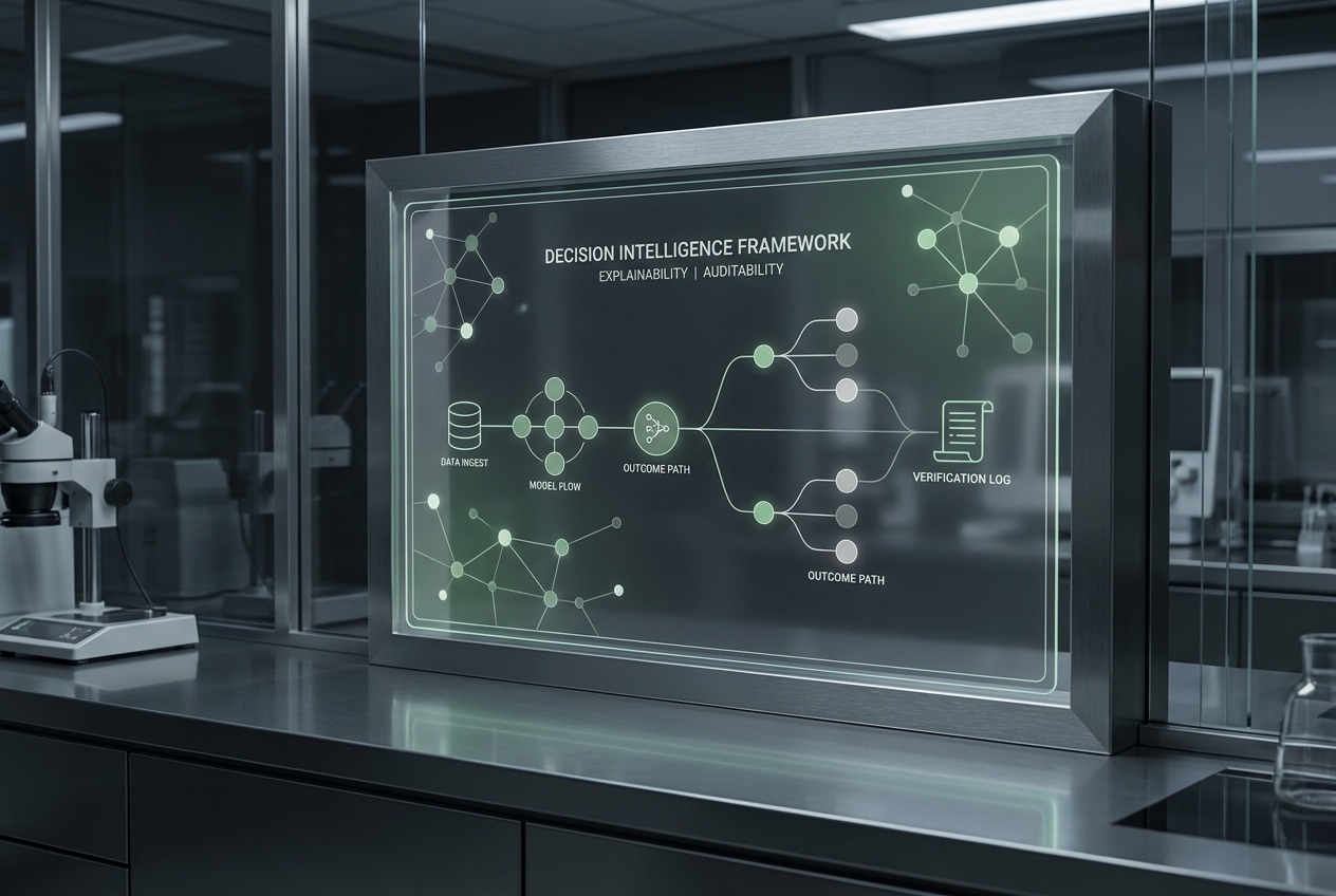 A framed glass display in a lab showing a decision-intelligence framework: data ingest, model flow, and a verification log