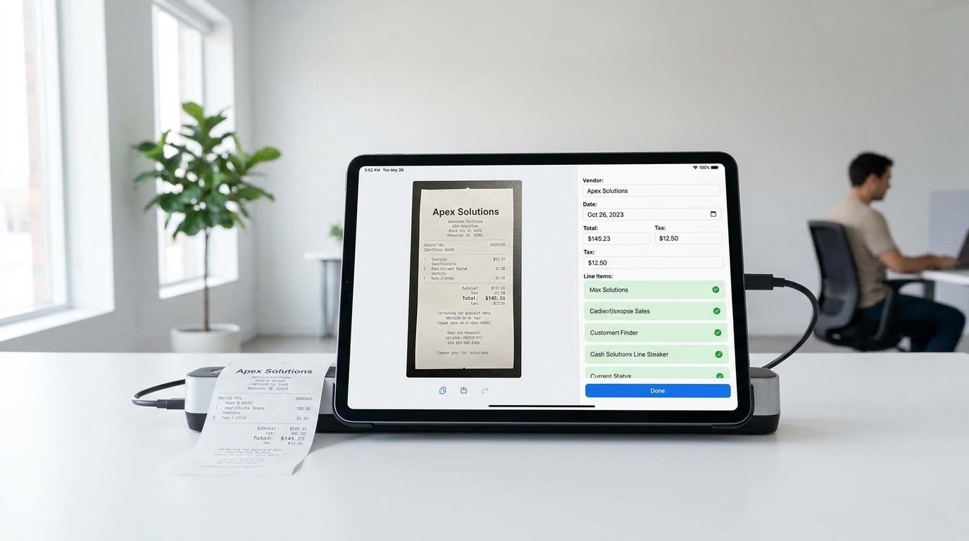 A professional document-processing scene with receipts being scanned