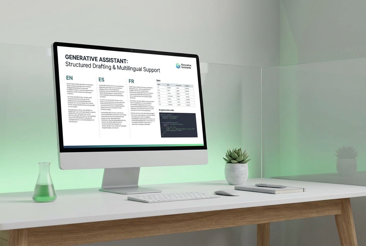 A clean workspace showing a generative assistant drafting structured notes and workflow copy