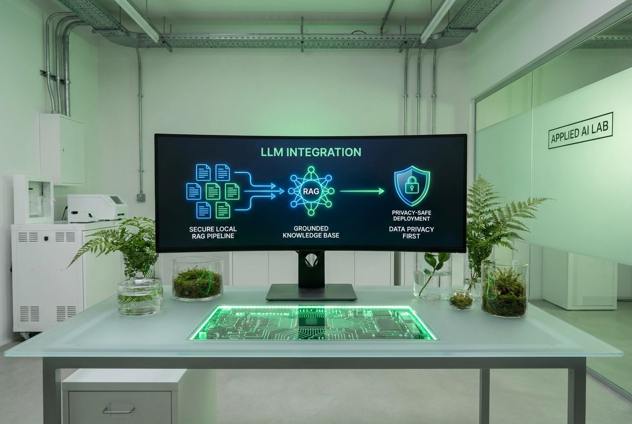 A high-end workstation showing a large language model integration running inside a private environment