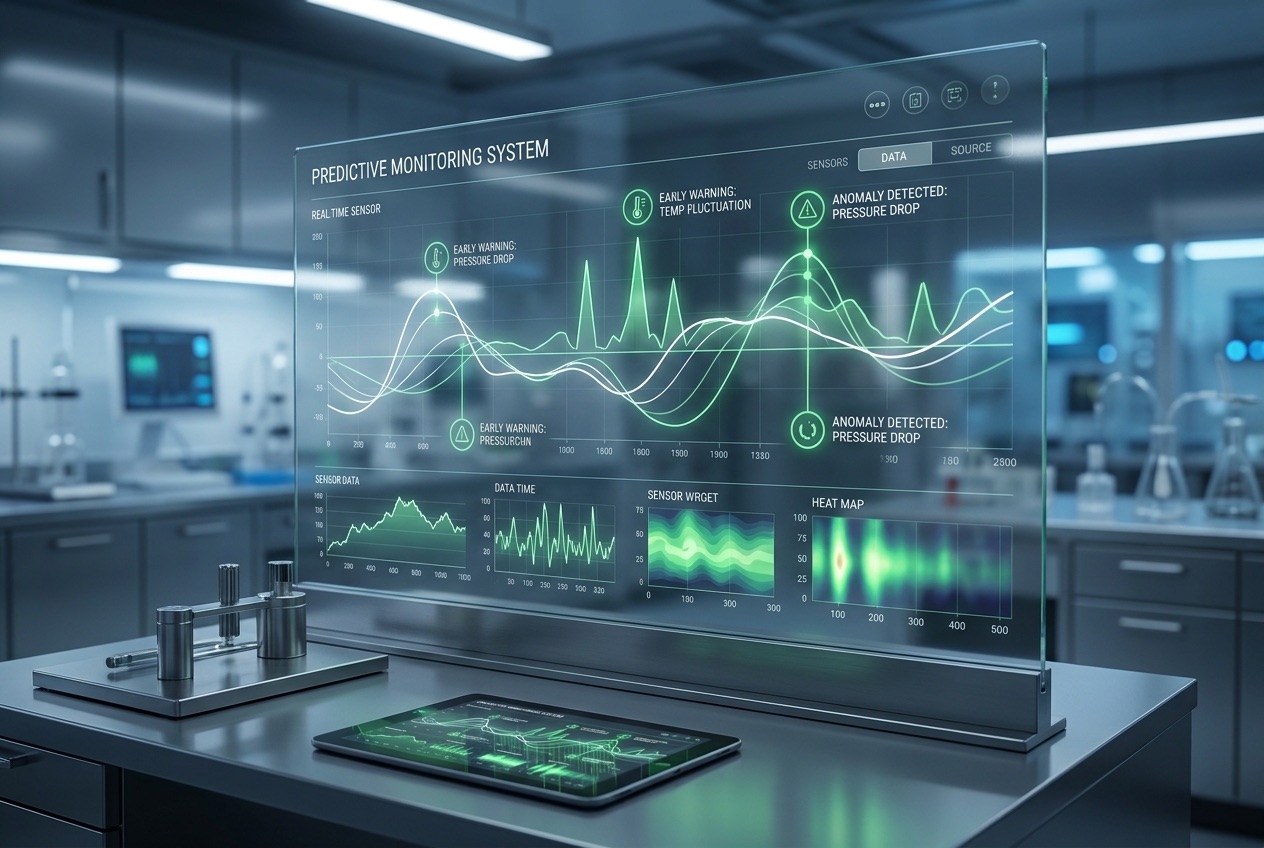 A sleek dashboard showing real-time predictive-monitoring signals and confidence intervals