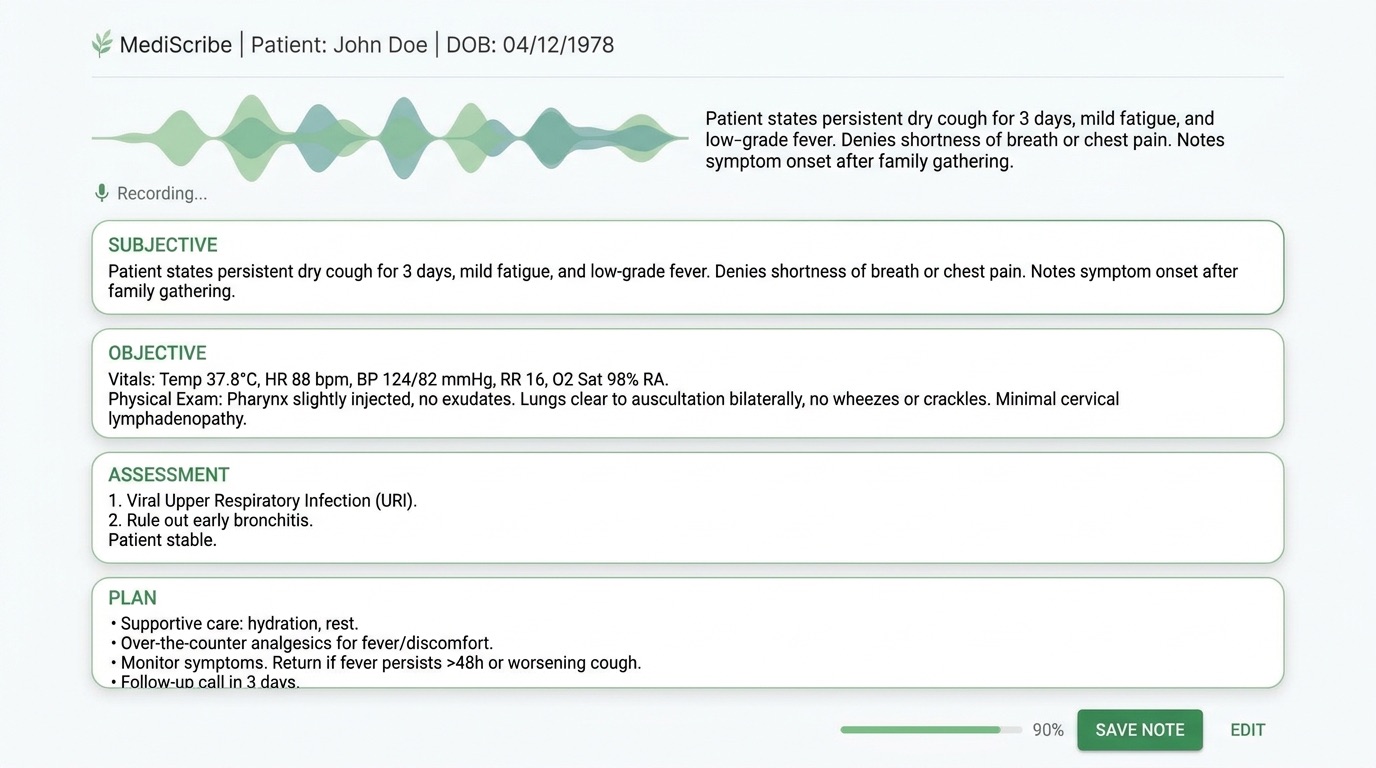 A minimalist speech-to-text medical interface with a live waveform, used for ambient clinical documentation