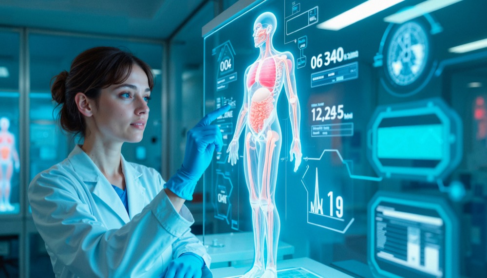 Clinician interacting with a holographic anatomy display