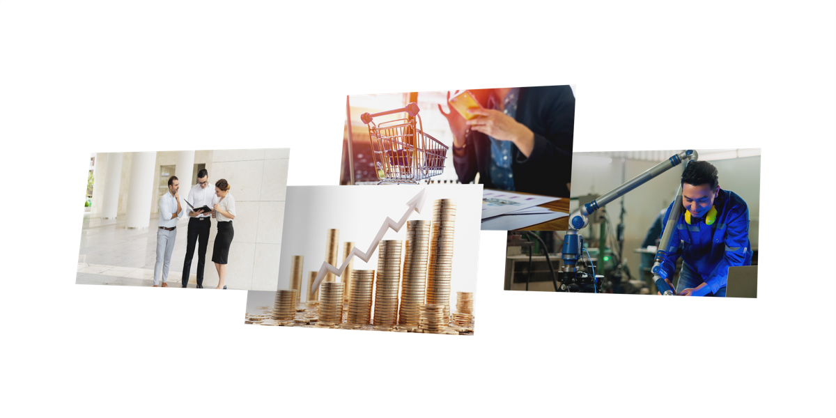 Collage of teams working across healthcare, finance, retail and manufacturing