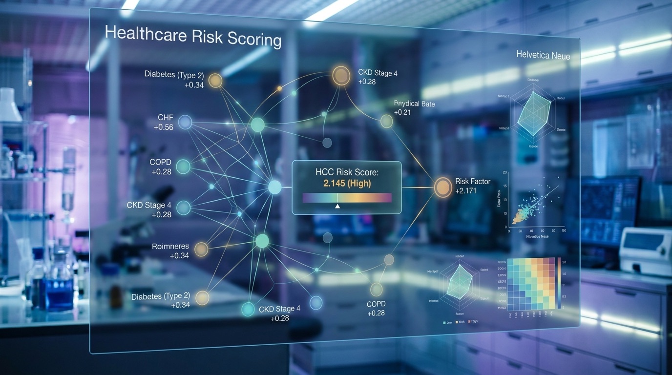 A translucent panel in a clinical lab showing a healthcare risk-scoring model with condition-level contributions and an overall risk score