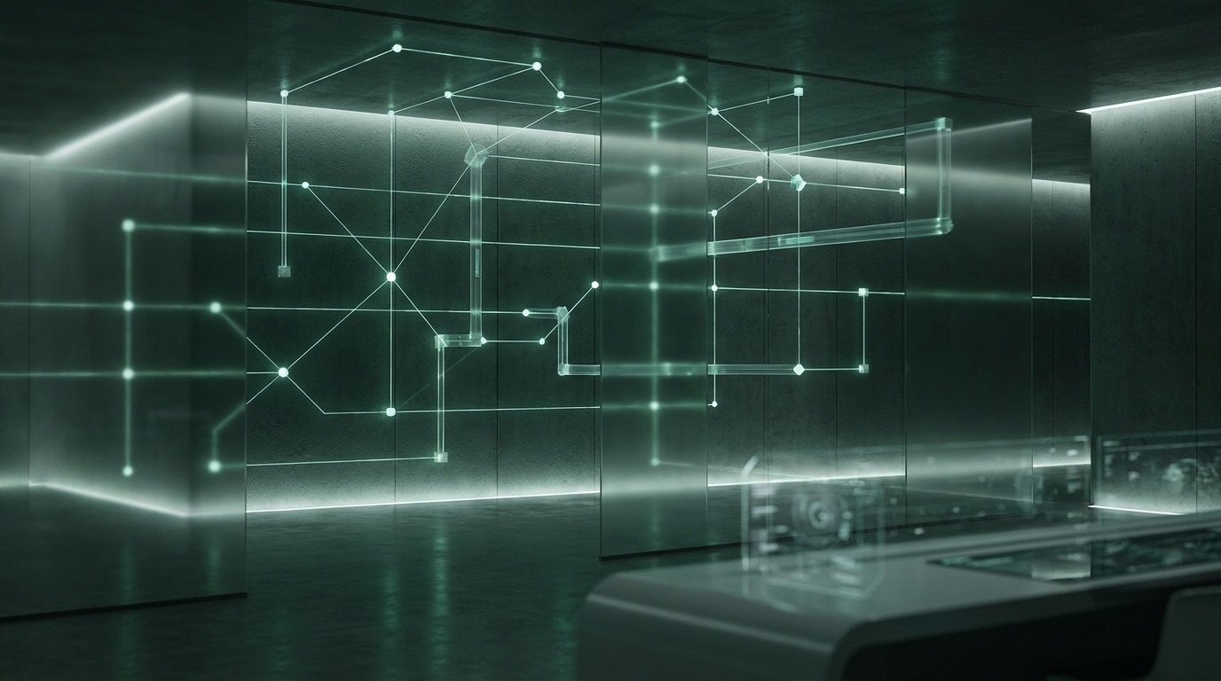 Abstract wireframe data-network installation, rendered in the brand's botanical green, evoking an AI research lab