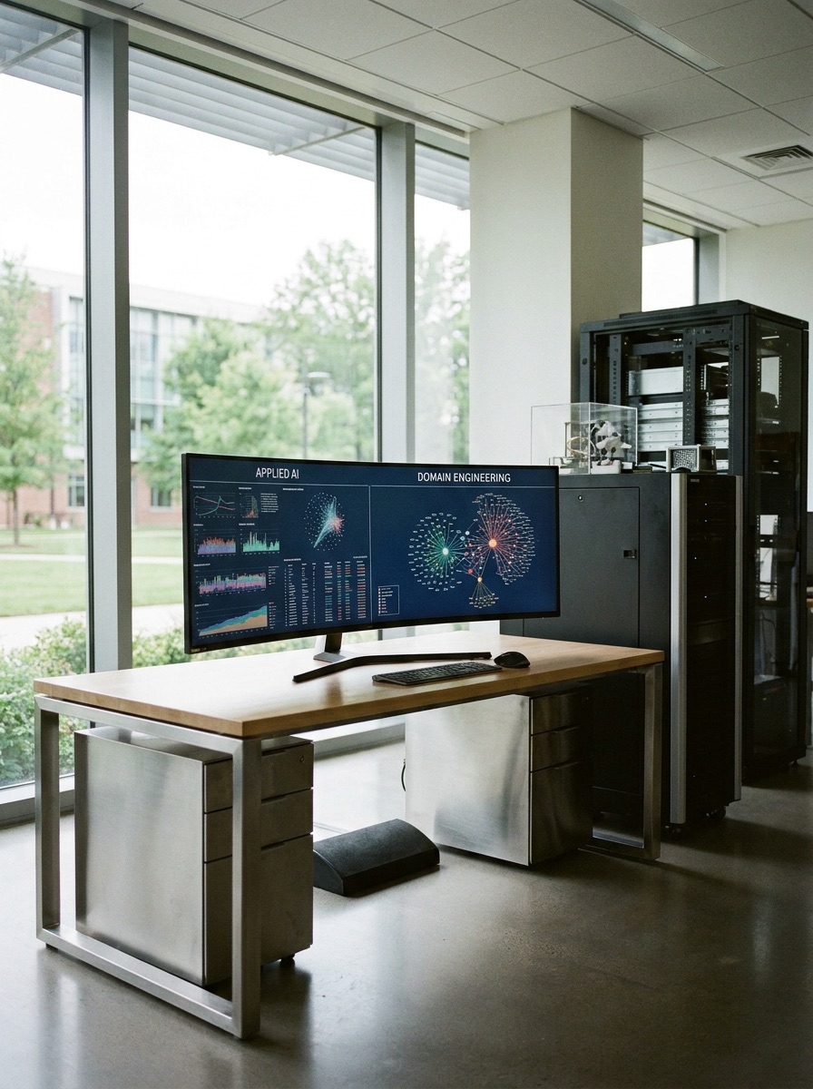 A data workstation in a bright office, with dashboards for applied AI and domain engineering on a wide monitor